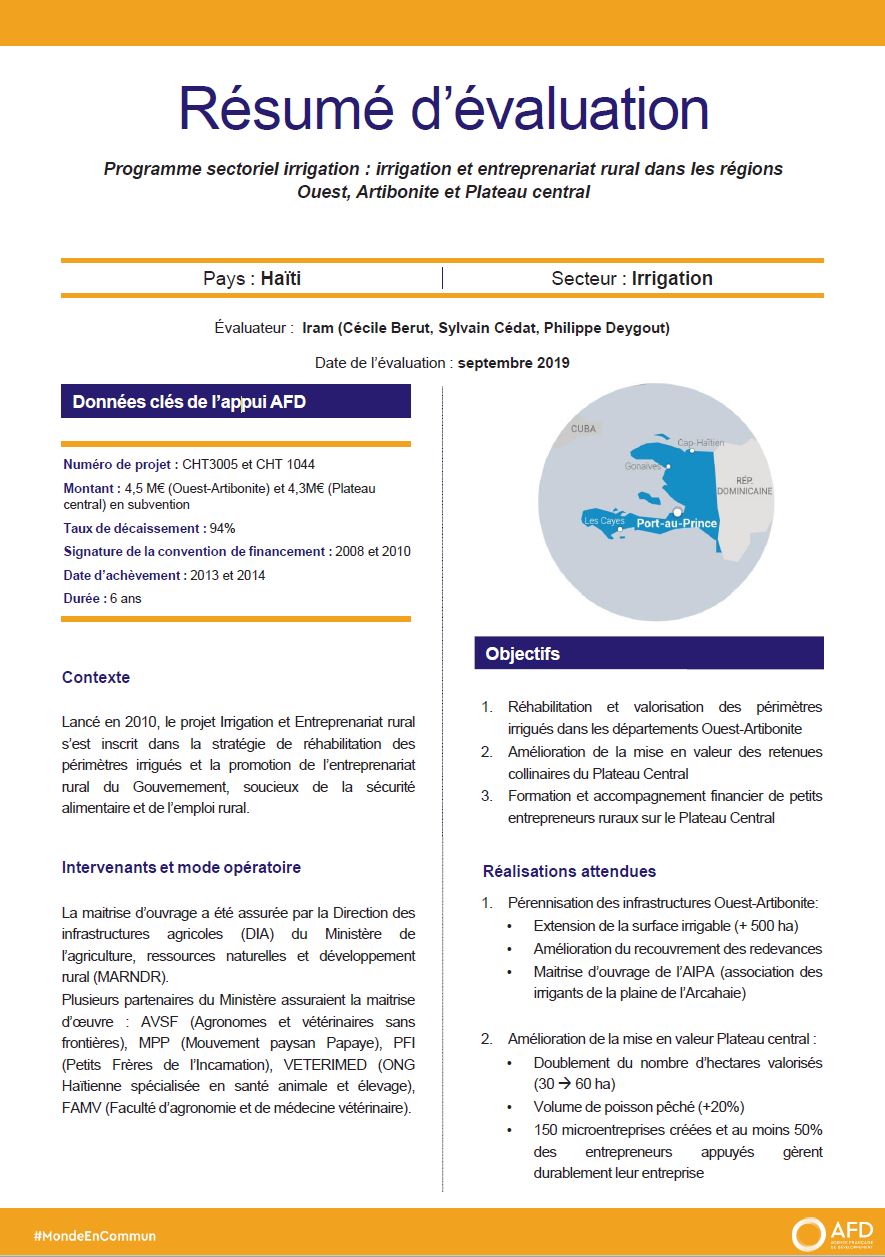 Résumé d'évaluation - Programme sectoriel irrigation et entrepreneuriat rural dans les régions Ouest, Artibonite et Plateau central, Haïti
