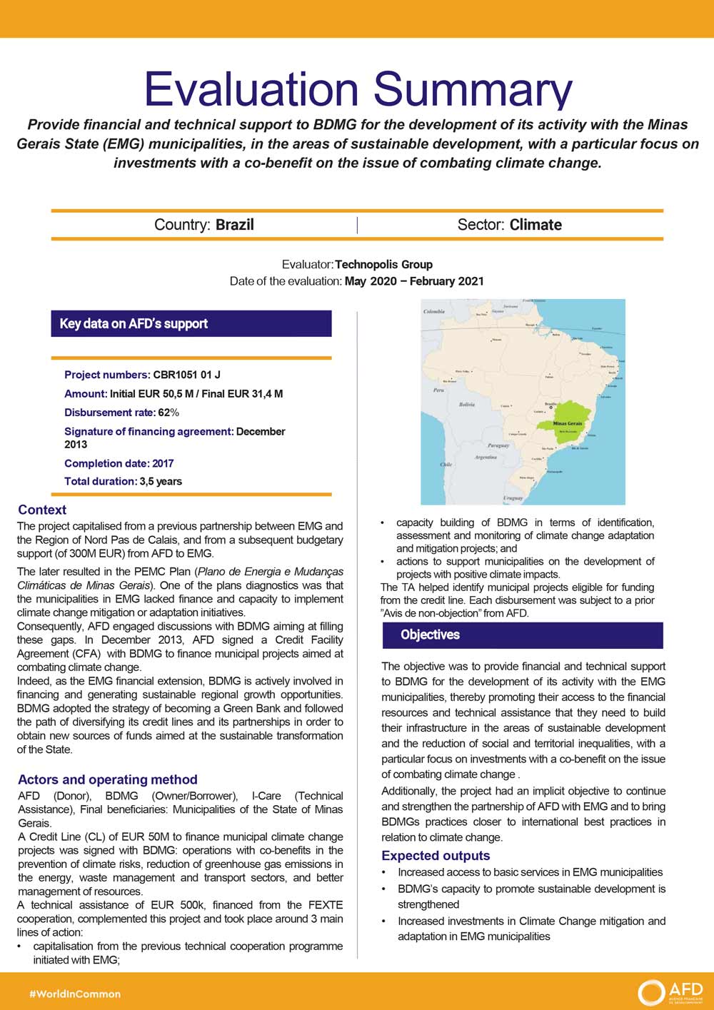 Evaluation Summary - Financial and Technical Support to BDMG for the Development of its Activity with the Minas Gerais State (EMG) Municipalities CBR1051